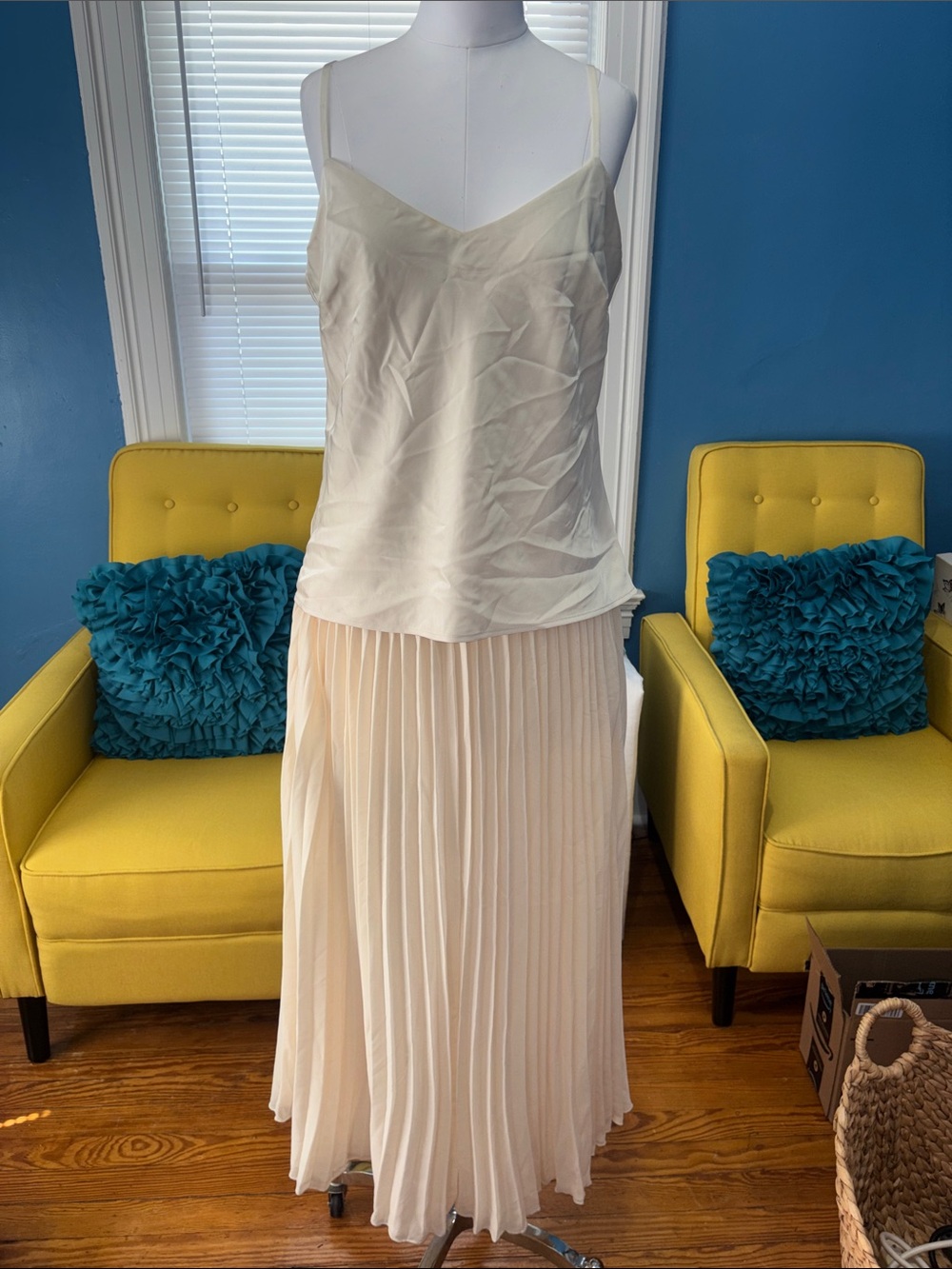Avec Les Filles Cream Pleated Maxi dress with Matching Camisole one piece